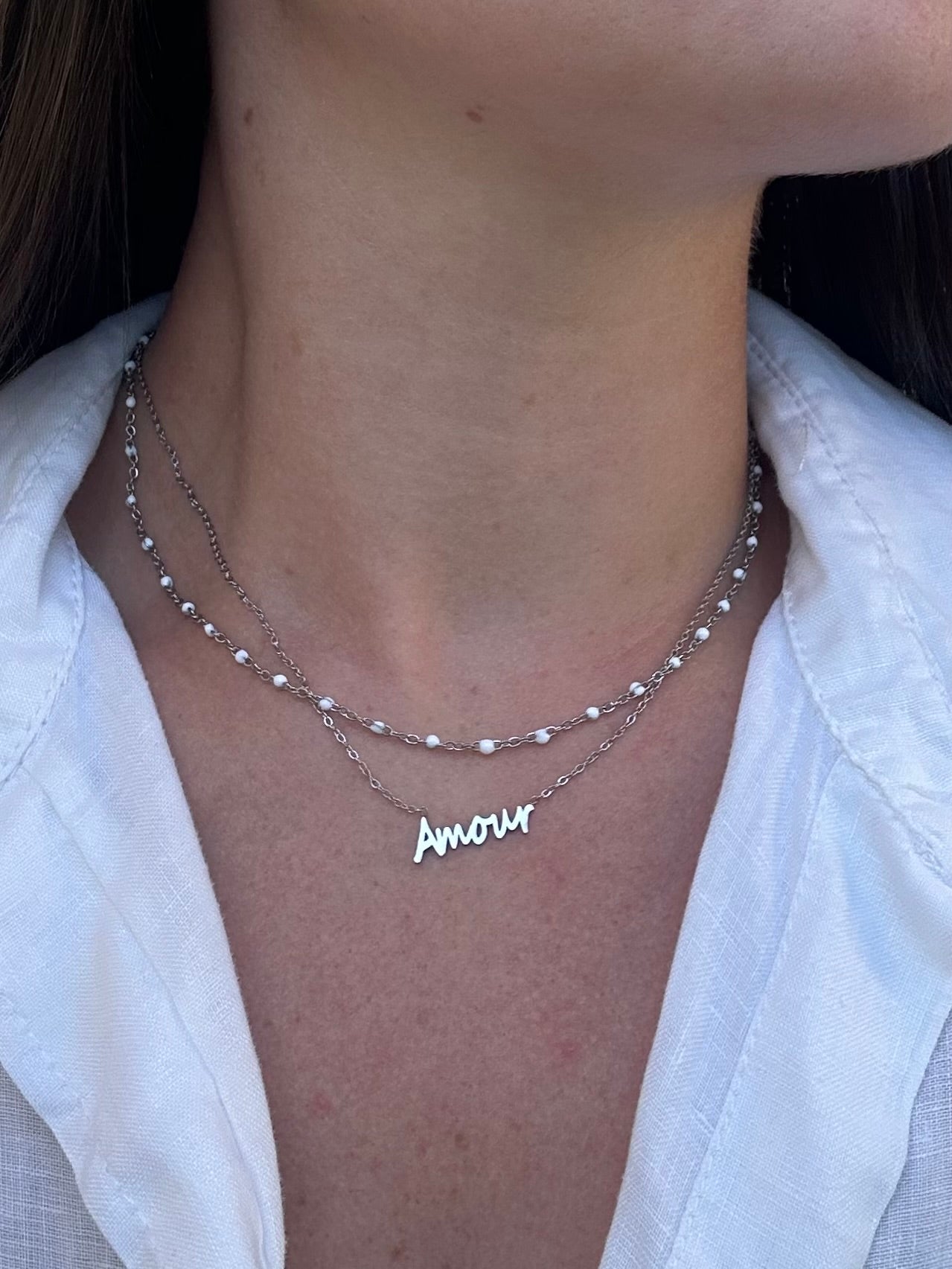 Collier Amour argenté et blanc