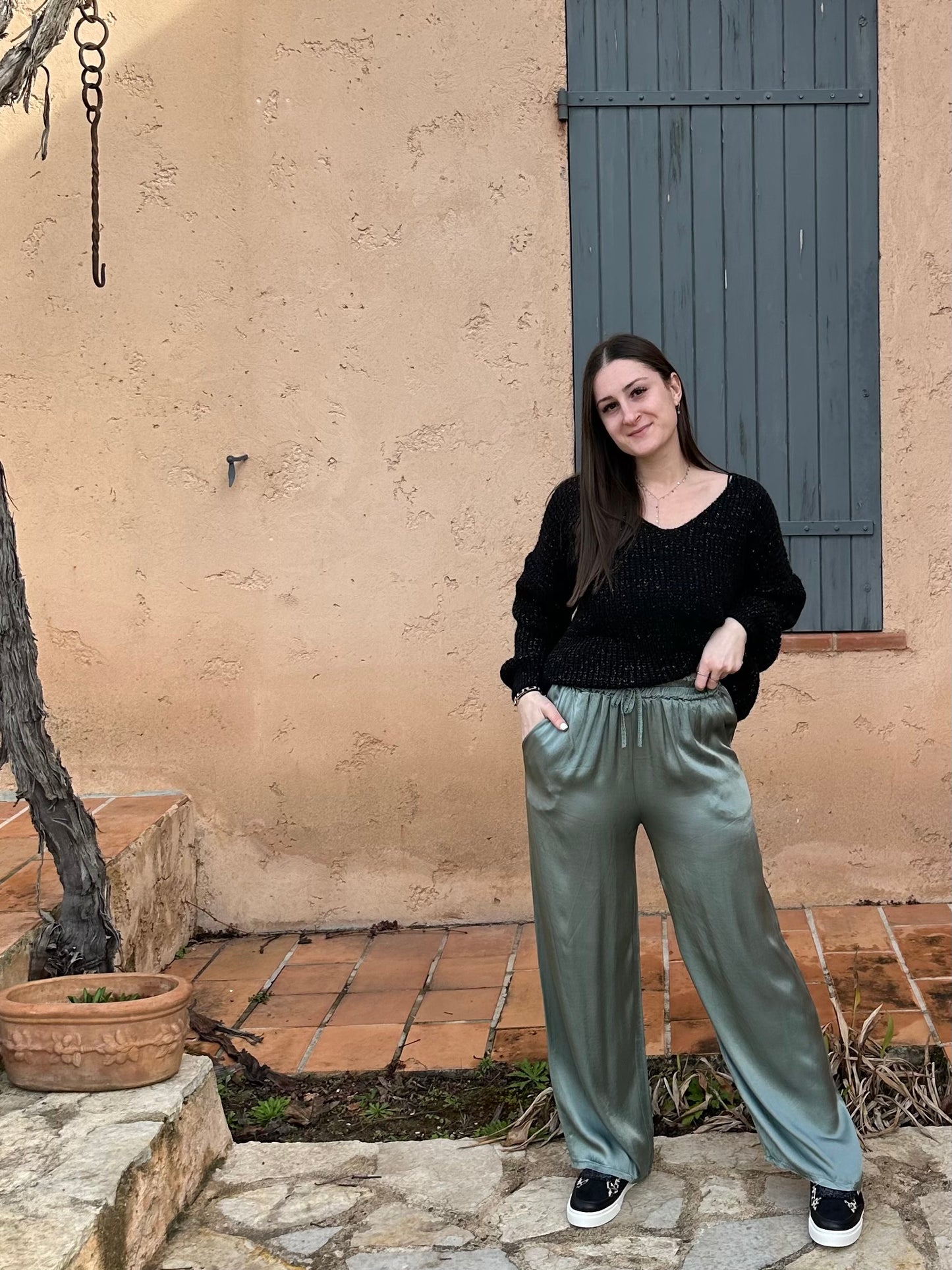 Pantalon effet satin Kaki