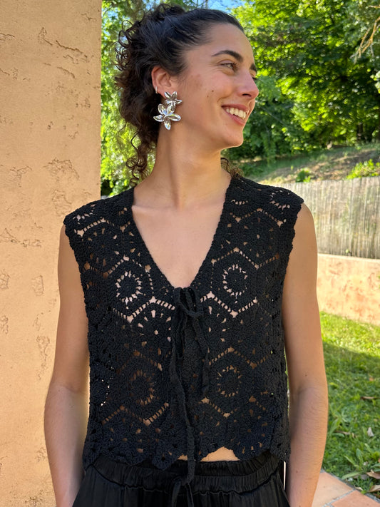 Top crochet court Noir