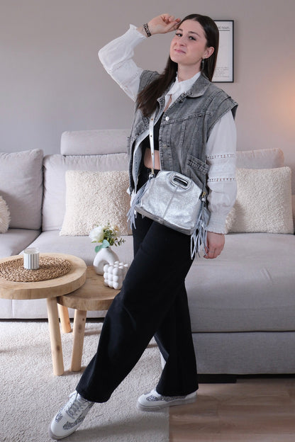 Sac cuir Argenté clair frange