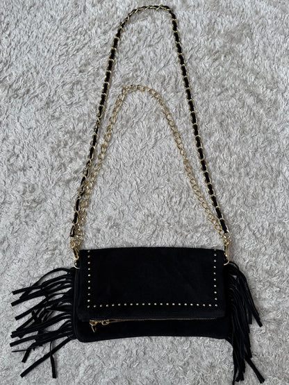 Sac cuir daim Noir frange