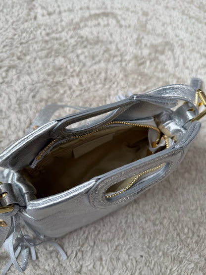 Sac cuir Argenté clair frange