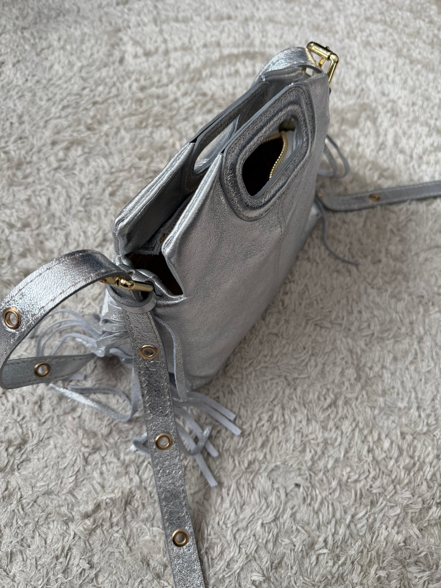 Sac cuir Argenté clair frange