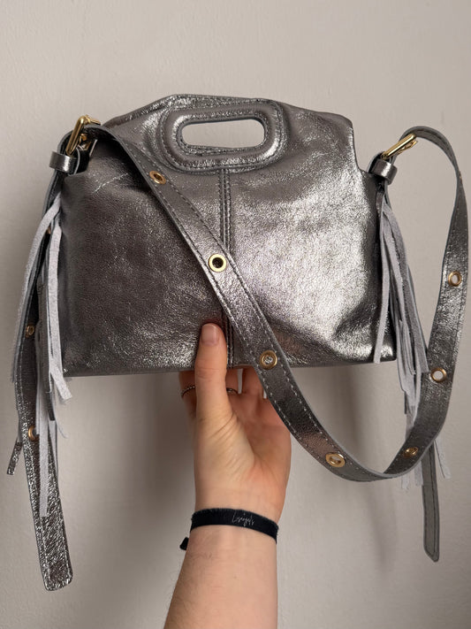 Sac cuir Argenté foncé frange