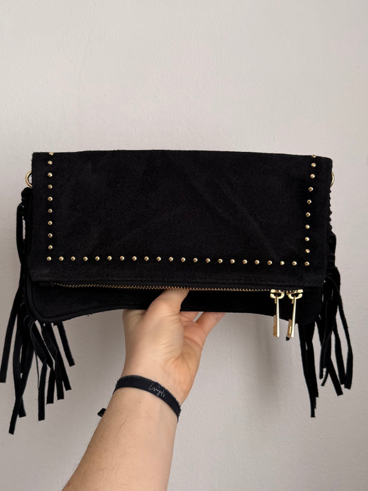 Sac cuir daim Noir frange